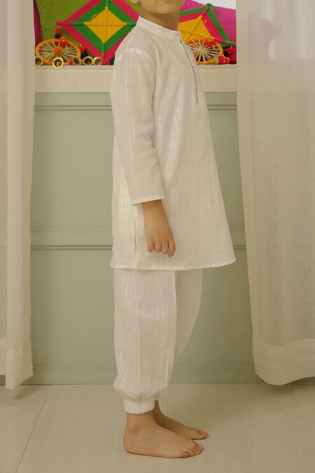 Buy_Petite Pomme_White Cotton Embroidery Lurex Owl Kurta Set _Online_at_Aza_Fashions
