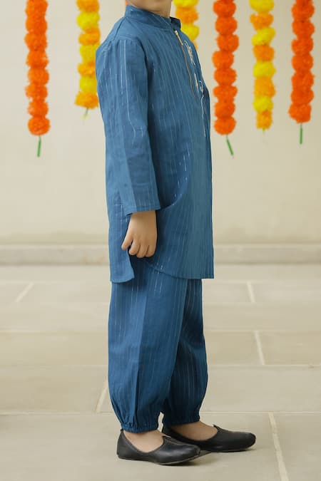 Shop Petite Pomme Blue Cotton Embroidery Hand Boys Kurta Set Online at Aza Fashions Shop_Petite Pomme_Blue Cotton Embroidery Hand Boys Kurta Set _Online_at_Aza_Fashions