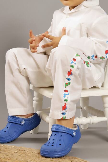 Shop_Petite Pomme_White Cotton Embroidery Dino Co-ord Set _Online_at_Aza_Fashions