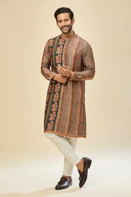 Shop_Arihant Rai Sinha_Black Silk, Linen, Cotton And Orange Printed Kurta Set _Online_at_Aza_Fashions