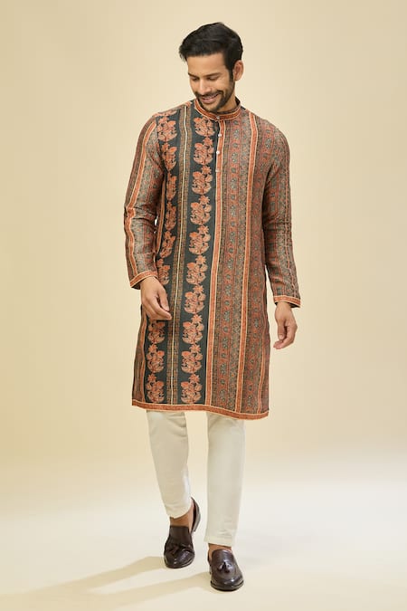 Arihant Rai Sinha_Black Silk, Linen, Cotton And Orange Printed Kurta Set _at_Aza_Fashions