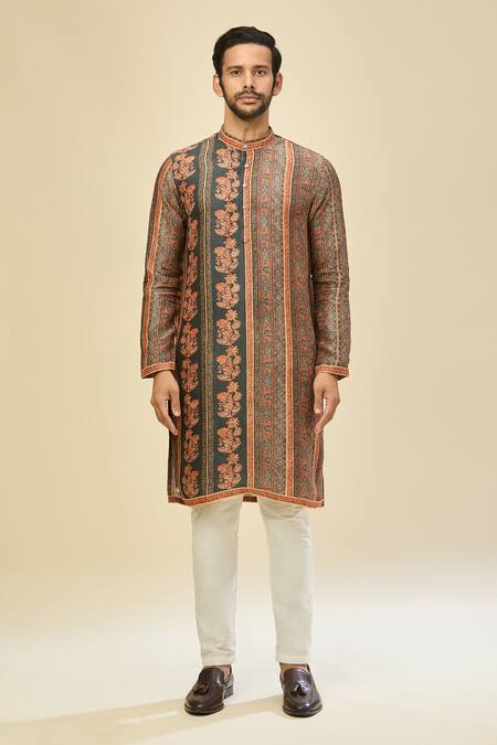 Buy_Arihant Rai Sinha_Black Silk, Linen, Cotton And Orange Printed Kurta Set 