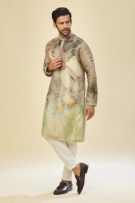 Buy_Arihant Rai Sinha_Gray Silk, Linen, Cotton Printed Kurta Set _Online_at_Aza_Fashions