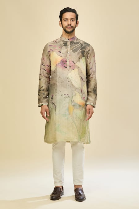 Shop_Arihant Rai Sinha_Gray Silk, Linen, Cotton Printed Kurta Set _Online_at_Aza_Fashions