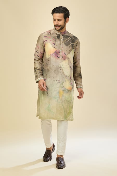 Arihant Rai Sinha_Gray Silk, Linen, Cotton Printed Kurta Set _at_Aza_Fashions
