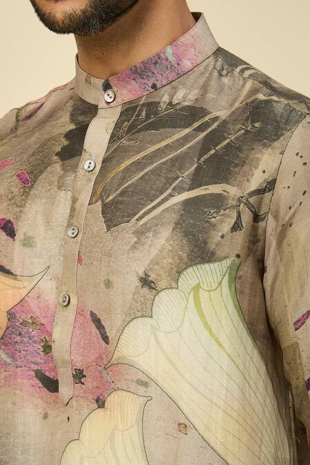 Buy_Arihant Rai Sinha_Gray Silk, Linen, Cotton Printed Kurta Set 