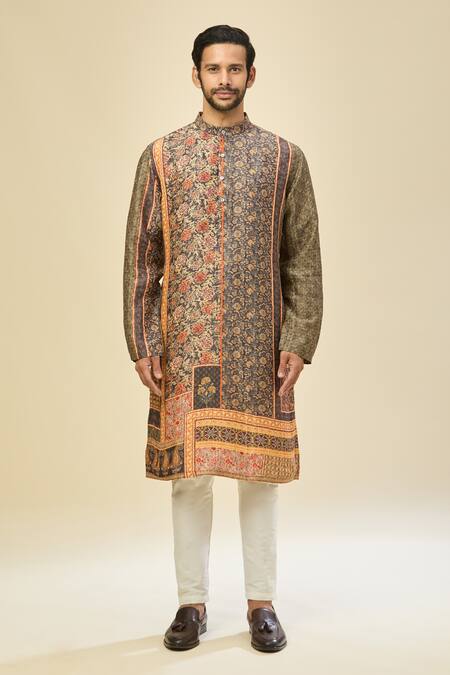 Buy_Arihant Rai Sinha_Black Silk, Linen, Cotton Printed Kurta Set _Online_at_Aza_Fashions