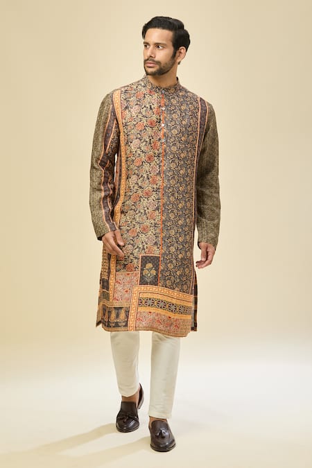 Shop_Arihant Rai Sinha_Black Silk, Linen, Cotton Printed Kurta Set _Online_at_Aza_Fashions