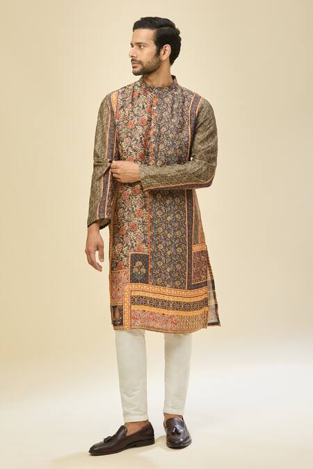 Arihant Rai Sinha_Black Silk, Linen, Cotton Printed Kurta Set _at_Aza_Fashions