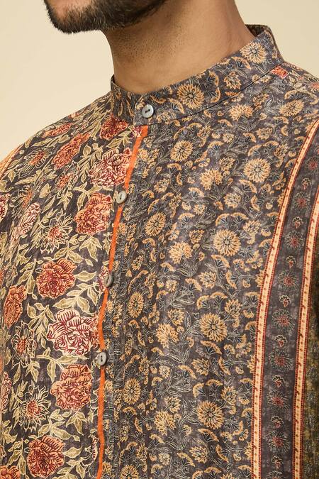 Buy_Arihant Rai Sinha_Black Silk, Linen, Cotton Printed Kurta Set 