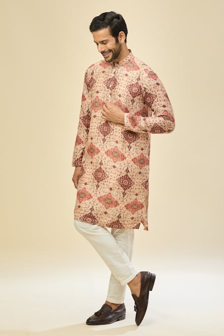 Buy_Arihant Rai Sinha_Red Silk, Linen, Cotton Beige Digital Print Kurta Set _Online_at_Aza_Fashions