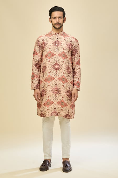 Shop_Arihant Rai Sinha_Red Silk, Linen, Cotton Beige Digital Print Kurta Set _Online_at_Aza_Fashions