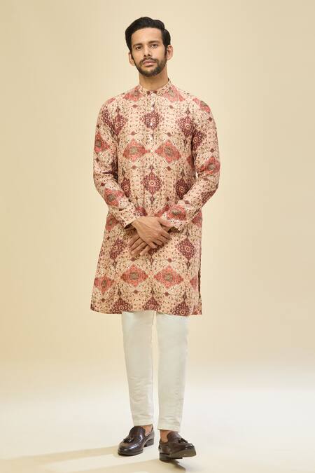 Arihant Rai Sinha_Red Silk, Linen, Cotton Beige Digital Print Kurta Set _at_Aza_Fashions