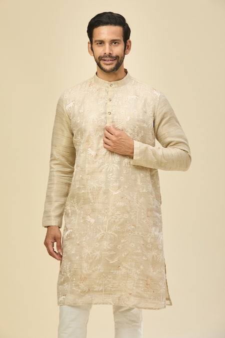 Shop_Arihant Rai Sinha_Beige Kota Doria, Cotton Embroidery Katha Kurta Set_Online_at_Aza_Fashions