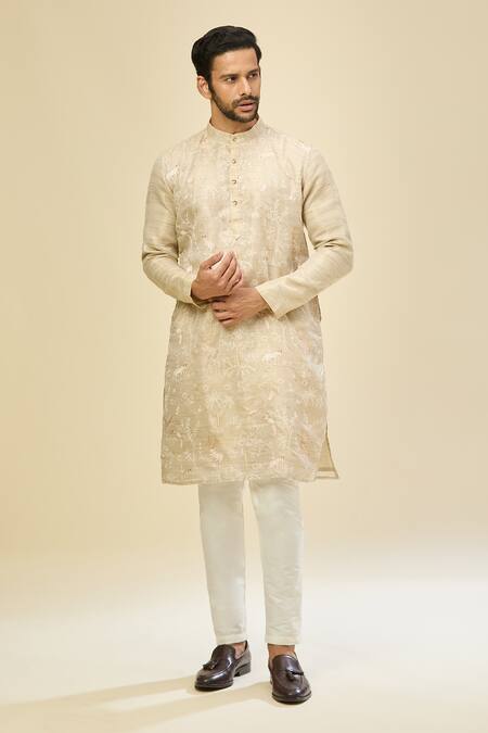Arihant Rai Sinha_Beige Kota Doria, Cotton Embroidery Katha Kurta Set_at_Aza_Fashions