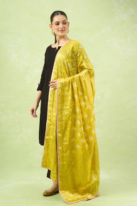 Shop_Naintara Bajaj_Yellow Silk Woven Design Banarasi Bandhej Dupatta _Online_at_Aza_Fashions