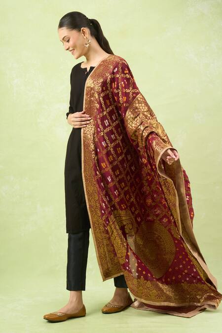 Shop_Naintara Bajaj_Maroon Silk Zari Woven Design Banarasi Bandhej Dupatta _Online_at_Aza_Fashions