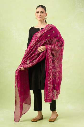 Buy_Samyukta Singhania_Wine Cotton Embroidery Kota Block Printed Dupatta_Online_at_Aza_Fashions