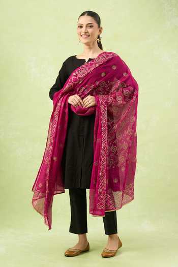 Shop_Samyukta Singhania_Wine Cotton Embroidery Kota Block Printed Dupatta_Online_at_Aza_Fashions