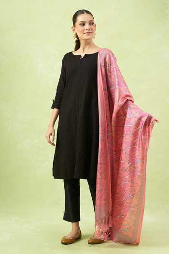 Samyukta Singhania_Peach Tassels Printed Silk Blend Dupatta_Online_at_Aza_Fashions