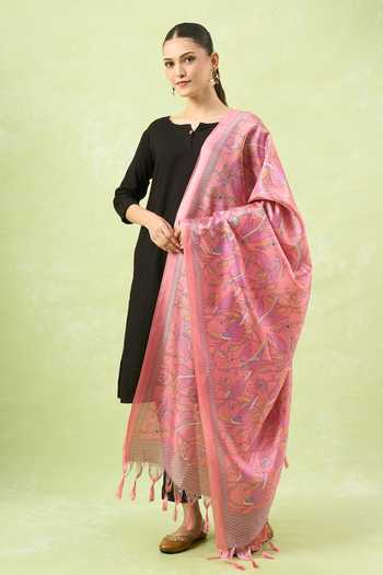 Buy_Samyukta Singhania_Peach Tassels Printed Silk Blend Dupatta_Online_at_Aza_Fashions