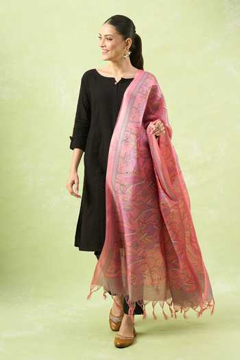 Shop_Samyukta Singhania_Peach Tassels Printed Silk Blend Dupatta_Online_at_Aza_Fashions