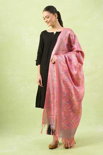 Samyukta Singhania_Peach Tassels Printed Silk Blend Dupatta_at_Aza_Fashions