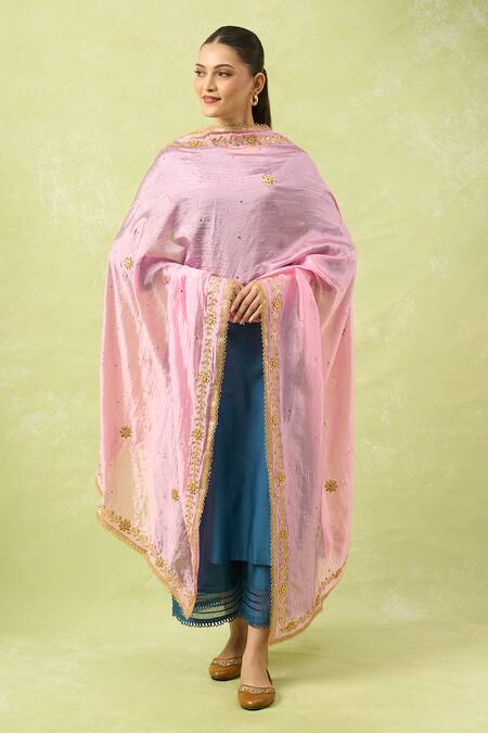 Samyukta Singhania_Pink Embroidered Dupatta With Beads And Stones_Online_at_Aza_Fashions