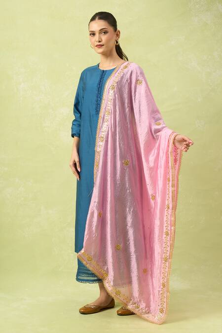 Shop_Samyukta Singhania_Pink Embroidered Dupatta With Beads And Stones_Online_at_Aza_Fashions