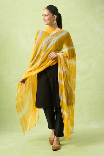 Shop_Samyukta Singhania_Yellow Polyester, Chiffon And White Striped Dupatta_Online_at_Aza_Fashions