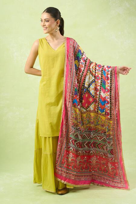 Buy_Naintara Bajaj_Multi Color Mirrors Ethnic Motifs Printed Work Dupatta _Online_at_Aza_Fashions