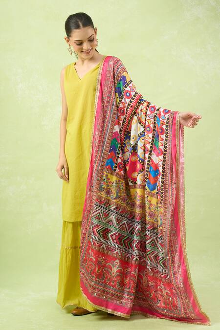 Buy_Naintara Bajaj_Multi Color Mirrors Ethnic Motifs Printed Work Dupatta 