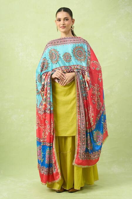 Naintara Bajaj_Multi Color Mirrors, Embroidery Multi-colored Printed Work Dupatta _at_Aza_Fashions