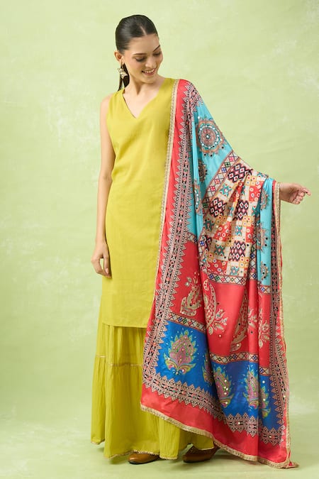 Naintara Bajaj Multi-Colored Printed Mirror Work Dupatta 