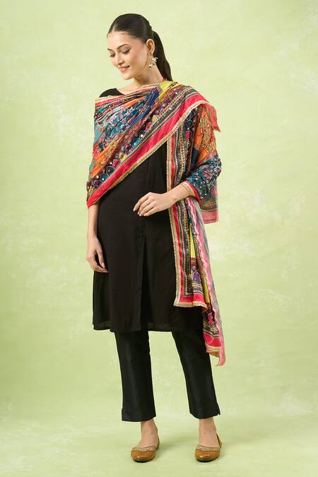 Naintara Bajaj_Multi Color Mirrors, Embroidery Ethnic Printed Work Dupatta _Online_at_Aza_Fashions