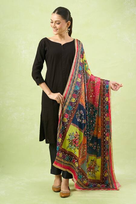 Shop_Naintara Bajaj_Multi Color Mirrors, Embroidery Ethnic Printed Work Dupatta _Online_at_Aza_Fashions
