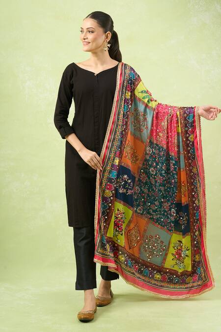 Naintara Bajaj_Multi Color Mirrors, Embroidery Ethnic Printed Work Dupatta _at_Aza_Fashions