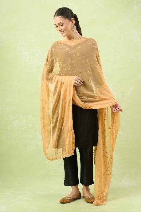 Shop_Samyukta Singhania_Gold Embroidered Chiffon Dupatta_Online_at_Aza_Fashions
