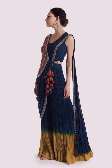 Onaya Blue Georgette Tassels V-, Square Designer Pre-draped Saree Set Online at Aza Fashions Onaya_Blue Georgette Tassels V-, Square Designer Pre-draped Saree Set_Online_at_Aza_Fashions