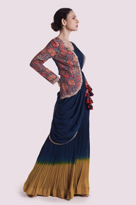 Buy Onaya Blue Georgette Tassels V-, Square Designer Pre-draped Saree Set Online at Aza Fashions Buy_Onaya_Blue Georgette Tassels V-, Square Designer Pre-draped Saree Set_Online_at_Aza_Fashions