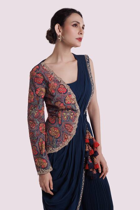 Shop Onaya Blue Georgette Tassels V-, Square Designer Pre-draped Saree Set Online at Aza Fashions Shop_Onaya_Blue Georgette Tassels V-, Square Designer Pre-draped Saree Set_Online_at_Aza_Fashions