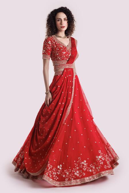 Onaya Red Organza Embroidery, Sequins V-neck Lehenga Set Online at Aza Fashions Onaya_Red Organza Embroidery, Sequins V-neck Lehenga Set _Online_at_Aza_Fashions