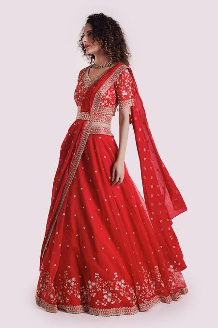 Buy Onaya Red Organza Embroidery, Sequins V-neck Lehenga Set Online at Aza Fashions Buy_Onaya_Red Organza Embroidery, Sequins V-neck Lehenga Set _Online_at_Aza_Fashions
