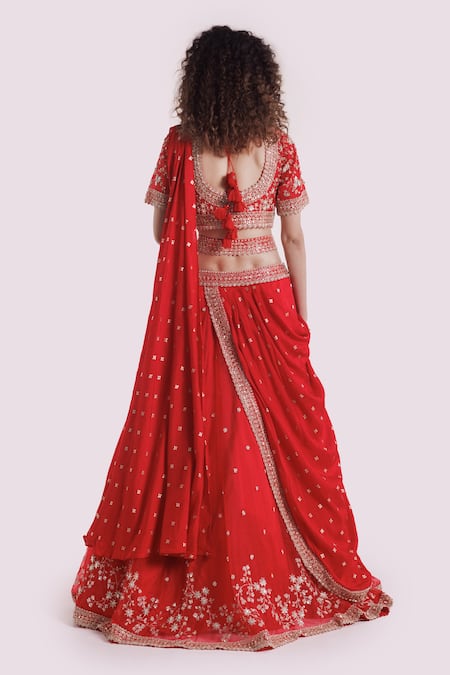 Shop Onaya Red Organza Embroidery, Sequins V-neck Lehenga Set at Aza Fashions Shop_Onaya_Red Organza Embroidery, Sequins V-neck Lehenga Set _at_Aza_Fashions