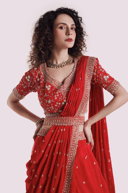 Shop Onaya Red Organza Embroidery, Sequins V-neck Lehenga Set Online at Aza Fashions Shop_Onaya_Red Organza Embroidery, Sequins V-neck Lehenga Set _Online_at_Aza_Fashions