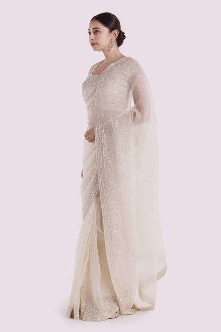 Buy Onaya Off White Organza Sequins, Embroidery Round Neck Designer Saree Set Online at Aza Fashions Buy_Onaya_Off White Organza Sequins, Embroidery Round Neck Designer Saree Set _Online_at_Aza_Fashions