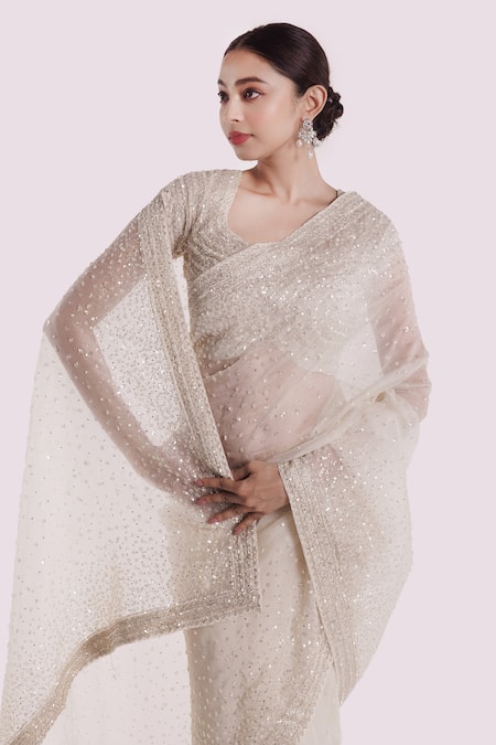 Shop Onaya Off White Organza Sequins, Embroidery Round Neck Designer Saree Set Online at Aza Fashions Shop_Onaya_Off White Organza Sequins, Embroidery Round Neck Designer Saree Set _Online_at_Aza_Fashions