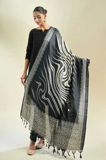 Buy_Samyukta Singhania_Black Silk Tassels And White Printed Dupatta_Online_at_Aza_Fashions