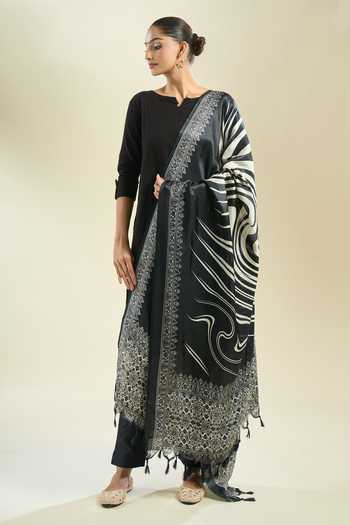 Shop_Samyukta Singhania_Black Silk Tassels And White Printed Dupatta_Online_at_Aza_Fashions