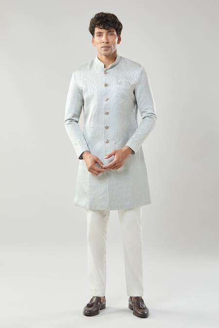 Shop_Arihant Rai Sinha_Gray Grey Woven Jacquard Sherwani Set 
